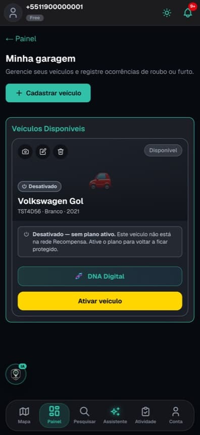 Garagem do aplicativo, com o veículo cadastrado e o botão de ativar